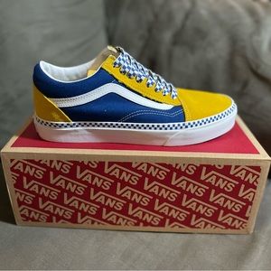 Yellow, blue, and white checkered Old Skool Vans. Size 7.0 Men’s / 8.5 Women’s